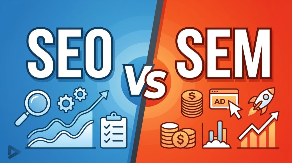الفرق بين SEO & SEM تجهيز المواقع لمحركات البحث الإعلانات الممولة علي محركات البحث